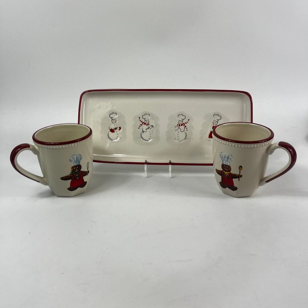 Williams-Sonoma Gingerbread Coffee Mugs Snowman Chef 13" Serving Platter Holiday